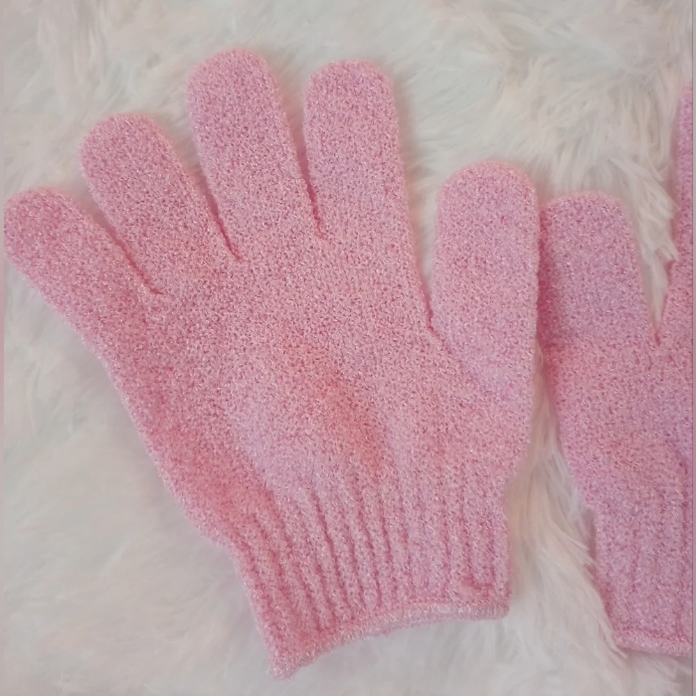 Pink Exfoliating Gloves and Bathroom Shower Headband Bow Set
